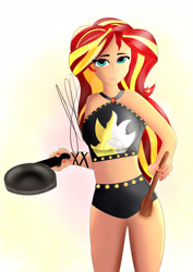Size: 4133x5847 | Tagged: safe, artist:axeldraw1, sunset shimmer, human, equestria girls, equestria girls series, g4, bare shoulders, beach shorts swimsuit, bikini, breasts, busty sunset shimmer, clothes, cooking, female, human coloration, simple background, sleeveless, solo, sunset shimmer's beach shorts swimsuit, swimsuit
