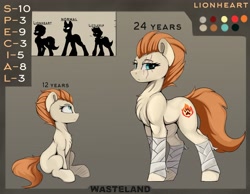 Size: 4096x3171 | Tagged: safe, artist:singovih, oc, oc:lionheart, earth pony, pony, fallout equestria, bandage, desert rangers, earth pony oc, eye scar, eyelashes, female, female oc, filly, filly oc, foal, game, mane, mare, mare oc, muscles, muscular female, pony oc, quadrupedal, reference, reference sheet, scar, sitting, standing, sternocleidomastoid, tail, wasteland