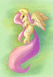 Size: 1024x1489 | Tagged: safe, artist:leadhooves, fluttershy, pegasus, pony, g4, aside glance, colored hooves, female, hooves to the chest, lidded eyes, long tail, looking at you, mare, profile, smiling, solo, spread wings, tail, vertical, wings