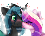 Size: 2500x2000 | Tagged: safe, artist:valkiria, derpibooru exclusive, princess cadance, queen chrysalis, alicorn, changeling, changeling queen, pony, canterlot wedding 10th anniversary, blushing, boop, cadalis, crown, cute, duo, eye clipping through hair, female, heart, high res, horn, horns are touching, infidelity, jewelry, lesbian, noseboop, regalia, shipping, simple background, sweet dreams fuel, tongue out, white background, wings