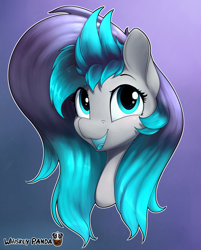 Size: 2692x3356 | Tagged: safe, artist:whiskeypanda, oc, oc only, oc:tear drop, hybrid, pegasus, pony, bust, colored mouth, colored tongue, eye clipping through hair, eyebrows, eyelashes, female, glowing mouth, gradient background, high res, looking at you, mare, open mouth, open smile, signature, smiling, smiling at you, solo