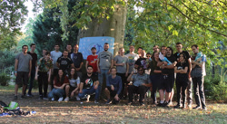 Size: 4732x2592 | Tagged: safe, artist:alfa007, human, brony, convention, group photo, hungary, irl, irl human, meeting, outdoors, photo, tree