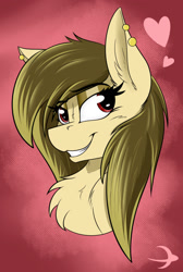 Size: 1125x1672 | Tagged: safe, artist:dangercloseart, oc, oc only, oc:nikki, pony, beautiful, brown mane, bust, chest fluff, cute, daaaaaaaaaaaw, ear fluff, ear piercing, eyebrows, eyebrows visible through hair, eyelashes, female, floating heart, fluffy, grin, heart, jewelry, lidded eyes, looking at you, mare, ocbetes, piercing, portrait, smiling, smiling at you, watermark