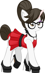 Size: 1920x3068 | Tagged: safe, artist:alexdti, raven, pony, unicorn, g4, clothes, dress, female, full body, glasses, high heels, high res, hoof shoes, horn, mare, raised leg, shoes, simple background, smiling, solo, transparent background