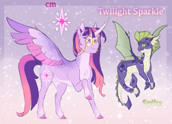 Size: 3904x2805 | Tagged: safe, artist:jadejellie, spike, twilight sparkle, alicorn, dragon, pony, g4, alternate design, glasses, high res, twilight sparkle (alicorn), winged spike, wings
