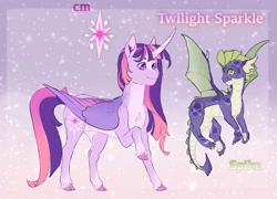 Size: 1440x1034 | Tagged: safe, alternate version, artist:jadejellie, spike, twilight sparkle, alicorn, dragon, pony, g4, alternate design, twilight sparkle (alicorn), winged spike, wings