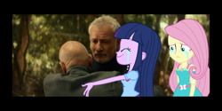 Size: 1998x999 | Tagged: safe, artist:jrshinkansenhorse, edit, edited screencap, screencap, fluttershy, twilight sparkle, human, equestria girls, g4, my little pony equestria girls: better together, crossover, crying, emotional, hug, jean-luc picard, q, spoilers for another series, star trek, star trek: picard, star trek: the next generation