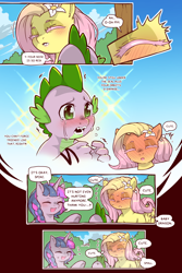 Size: 960x1440 | Tagged: safe, artist:cold-blooded-twilight, fluttershy, spike, twilight sparkle, dragon, pegasus, pony, unicorn, cold blooded twilight, comic:cold storm, g4, blushing, blushing profusely, braid, colored eyelashes, comic, crying, dialogue, eyes closed, flower, flower in hair, long eyelashes, oh no, sparkles, speech bubble, sweat, sweatdrops, thought bubble, unicorn twilight