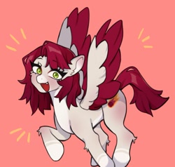Size: 1253x1195 | Tagged: safe, artist:fernfalls, oc, oc only, oc:zinnia blitz, pegasus, pony, coat markings, colored wings, ear fluff, female, green eyes, happy, hoof fluff, hooves, leg fluff, mare, open mouth, open smile, pegasus oc, red background, simple background, smiling, socks (coat markings), solo, spread wings, tail, two toned wings, wings