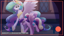 Size: 777x444 | Tagged: safe, artist:lummh, artist:whitequartztheartist, princess cadance, princess celestia, alicorn, pony, comic:the princess of love, g4, duo, duo female, eyes closed, female, mare, patreon, patreon logo, spread wings, teen princess cadance, wings, younger
