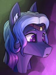 Size: 3000x4000 | Tagged: safe, artist:stardustspix, oc, oc only, oc:kyanite arc, pegasus, pony, :o, abstract background, bust, circlet, ear fluff, gem, high res, open mouth, pegasus oc, portrait, signature, solo