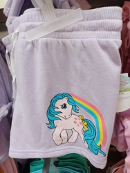 Size: 3000x4000 | Tagged: safe, tootsie, earth pony, pony, g1, blue hair, blue mane, bow, clothes, diatoots, female, irl, looking at you, mare, merchandise, pants, photo, ponytail, rainbow, solo, tail, tail bow, walmart
