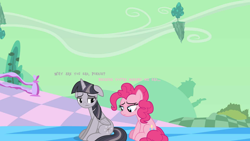 Size: 1920x1080 | Tagged: safe, artist:cloudy glow, artist:wardex101, pinkie pie, twilight sparkle, alicorn, earth pony, pony, g4, bad end, chaos, discorded, discorded landscape, discorded twilight, floating island, green sky, sad, scenery, twilight sparkle (alicorn), twilight tragedy