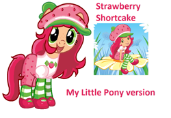 Size: 859x594 | Tagged: safe, artist:ecenazgalaxy, earth pony, human, pony, clothes, female, flower, food, hat, mare, pants, ponified, shirt, shoes, simple background, smiling, socks, strawberry, strawberry shortcake, strawberry shortcake (character), striped socks, white background
