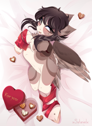 Size: 4000x5500 | Tagged: safe, artist:xsatanielx, oc, oc only, pegasus, pony, absurd resolution, belly button, blushing, body pillow, body pillow design, box of chocolates, cheek fluff, chest fluff, chocolate, ear fluff, eyebrows, eyebrows visible through hair, fangs, feathered wings, folded wings, food, freckles, heart, looking at you, lying down, male, on side, open mouth, ribbon, solo, stallion, unshorn fetlocks, wings