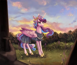 Size: 2000x1678 | Tagged: safe, artist:weird--fish, princess flurry heart, alicorn, pony, g4, clothes, dress, evening, female, hoof shoes, mare, offscreen character, offscreen human, older, older flurry heart, smiling, solo focus