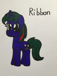 Size: 2448x3264 | Tagged: safe, artist:maddiedraws5678, ribbon (g1), pony, unicorn, g1, g4, colored, cute, female, g1 to g4, generation leap, green hair, green mane, green tail, high res, hooves, mare, red streak, ribbondorable, simple background, smiling, solo, standing, tail, traditional art, white background