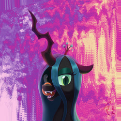 Size: 1000x1000 | Tagged: safe, alternate version, artist:crystalightx, derpibooru exclusive, queen chrysalis, changeling, changeling queen, canterlot wedding 10th anniversary, g4, abstract background, bust, crown, error, eyelashes, eyeshadow, fangs, female, glitch, horn, jewelry, looking at you, makeup, regalia, sharp teeth, solo, teeth, tongue out