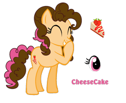 Size: 1156x946 | Tagged: safe, artist:martulove-chan, oc, oc only, oc:cheesecake, earth pony, pony, cake, cheesecake, eyes closed, female, food, giggling, mare, offspring, parent:cheese sandwich, parent:pinkie pie, parents:cheesepie, simple background, smiling, strawberry, transparent background