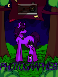 Size: 768x1024 | Tagged: safe, artist:v1rn0, oc, oc only, oc:fotografiko, horse, pony, unicorn, bush, camera, digital art, flag, forest, knife, long hair, long mane, male, moon, phone drawing, photo, purple fur, purple hair, simple background, simple shading, smiling, smirk, solo, stallion, sunglasses, tree