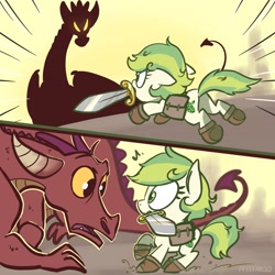 Size: 2048x2048 | Tagged: safe, artist:pfeffaroo, oc, oc only, oc:karakusa, dragon, earth pony, pony, butt, comic, duo, female, filly, foal, high res, mouth hold, plot, surprised, sword, weapon, wide eyes