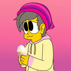 Size: 2048x2048 | Tagged: safe, artist:haileykitty69, human, g4, alternate clothes, barely pony related, beanie, chibi, clothes, cutie mark on clothes, fluttershy's cutie mark, frappuccino, gradient background, hat, high res, male, mixed media, pink background, seymour skinner, simple background, solo, the simpsons