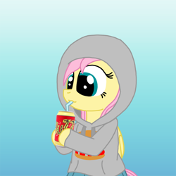 Size: 2048x2048 | Tagged: safe, artist:haileykitty69, fluttershy, pegasus, semi-anthro, g4, arm hooves, buzz cola, clothes, drink, drinking straw, folded wings, gradient background, high res, hoodie, male, soda, solo, steamed hams, the simpsons, wings