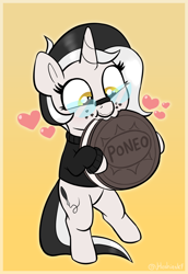 Size: 1236x1794 | Tagged: safe, artist:heretichesh, oc, oc only, oc:diamond horseshoe, pony, unicorn, bipedal, clothes, cookie, cute, eating, female, filly, floating heart, foal, food, giant food, glasses, gradient background, happy, heart, horn, oreo, smiling, solo, stuffing, sweater, unicorn oc, yellow eyes