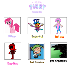 Size: 786x720 | Tagged: safe, artist:pagiepoppie12345, pinkie pie, earth pony, fairy, human, pony, g4, big top (mario party 8), cast meme, cosmo, darkness, error, female, glitch, gremlin, male, mare, mario party, mario party 8, mc ballyhoo, pac-man, pegasus human, pibby, pinky (pac-man), static, super mario bros., the fairly oddparents, wings, zalgo, zalgo pagie