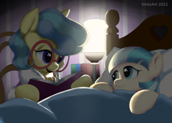 Size: 3056x2184 | Tagged: safe, artist:vinilyart, charity kindheart, coco pommel, earth pony, pony, g4, bed, bedtime story, book, cocobetes, cute, duo, female, filly, filly coco pommel, foal, high res, mare, younger