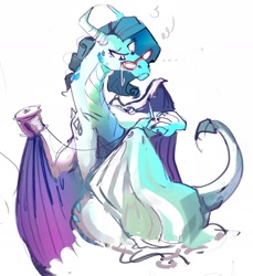 Size: 1938x2120 | Tagged: safe, artist:alumx, rarity, dragon, g4, dragon wings, dragoness, dragonified, fabric, female, glasses, raridragon, rarity's glasses, sewing, sewing needle, simple background, solo, species swap, spool, thread, white background, wings