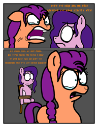 Size: 1171x1516 | Tagged: safe, artist:professorventurer, pipp petals, sunny starscout, earth pony, pegasus, pony, series:ask pippamena, g5, my little pony: a new generation, 2 panel comic, angry, bags under eyes, chair, comic, crying, dialogue, duo, duo female, ears back, eye wrinkles, faic, female, floppy ears, gray background, hair tie, implied izzy moonbow, mare, missing cutie mark, open mouth, pinpoint eyes, pixelated, quiet, rope, screaming, shut up twilight, simple background, talking, tied to chair, tied up, trace, vein, yelling