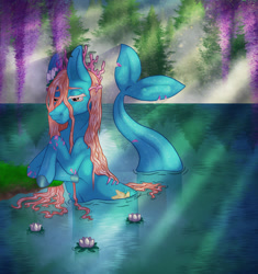 Size: 1280x1360 | Tagged: safe, artist:luminescence553, oc, oc only, merpony, seapony (g4), coral, female, fish tail, flower, flower in hair, forest, injured, isolated, lake, mare, red mane, sad, seaponified, seashell, solo, species swap, sunlight, tail, tree, water