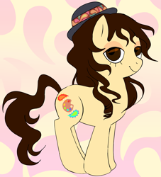 Size: 1801x1980 | Tagged: safe, artist:relighted, earth pony, pony, bowler hat, brown eyes, brown mane, curly mane, female, gradient, gradient background, hat, lidded eyes, mare, smiling, tail, wavy hair, wavy mane, wavy tail