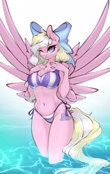 Size: 1857x2932 | Tagged: safe, artist:u_lu_lu, oc, oc only, oc:bay breeze, pegasus, anthro, belly button, big breasts, bikini, blonde, bow, breasts, cleavage, clothes, curvy, cute, eyebrows, eyebrows visible through hair, eyelashes, female, hair bow, hand on chest, legs in the water, looking at you, midriff, one eye closed, seductive, sexy, side-tie bikini, solo, spread wings, swimsuit, thighs, water, wide hips, wings, wink, winking at you