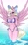 Size: 1857x2932 | Tagged: safe, artist:u_lu_lu, oc, oc only, oc:bay breeze, pegasus, anthro, belly button, big breasts, bikini, blonde, bow, breasts, cleavage, clothes, curvy, cute, eyebrows, eyebrows visible through hair, eyelashes, female, hair bow, hand on chest, legs in the water, looking at you, midriff, one eye closed, seductive, sexy, side-tie bikini, solo, spread wings, swimsuit, thighs, water, wide hips, wings, wink, winking at you