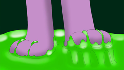 Size: 2000x1137 | Tagged: safe, artist:onimagmachan, spike, dragon, g4, changeling slime, claws, cropped, feet, fetish, foot fetish, foot focus, forest, legs, male, male feet, pictures of legs, puddle, slime, sticky, stuck, toes, trapped, underfoot