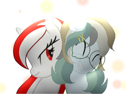 Size: 719x538 | Tagged: safe, artist:be_yourself, artist:cosmosloghy, oc, oc:altersmay earth, oc:sinar bulan indonesia, alicorn, pegasus, pony, duo, duo female, eyes closed, female, glasses, grin, looking at each other, looking at someone, mare, older altersmay earth, simple background, smiling, smiling at each other, white background