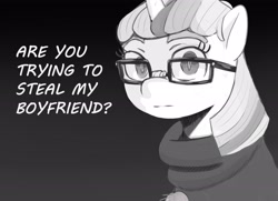 Size: 2986x2160 | Tagged: safe, artist:applephil, moondancer, pony, unicorn, g4, black and white, clothes, female, glasses, gradient background, grayscale, high res, mare, monochrome, ponified, solo, sweater, talking to viewer, turtleneck, yandancer, yandere