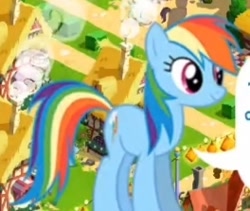 Size: 264x223 | Tagged: safe, gameloft, rainbow dash, earth pony, pony, g4, dialogue, earth pony rainbow dash, female, game, mare, multicolored hair, palindrome get, ponyville, race swap, rainbow hair, smiling, speech bubble, text, wingless
