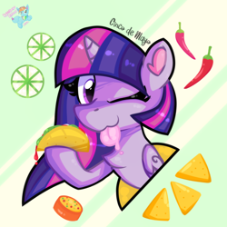 Size: 1270x1270 | Tagged: safe, artist:rainbow eevee, twilight sparkle, alicorn, pony, g4.5, my little pony: pony life, :3, bust, chest fluff, chilli, chips, cinco de mayo, digital art, eyelashes, female, folded wings, food, hoof hold, lime, nachos, one eye closed, sauce, smiling, solo, taco, tongue out, wings