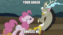 Size: 888x499 | Tagged: safe, edit, edited screencap, screencap, discord, pinkie pie, draconequus, earth pony, pony, g4, season 2, the return of harmony, caption, discord is amused, discorded, duo, female, image macro, looking at each other, looking at someone, mare, pouting, pouty lips, smug, text, troll