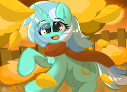 Size: 2000x1454 | Tagged: safe, artist:grithcourage, lyra heartstrings, pony, unicorn, g4, autumn, chest fluff, clothes, cute, eye clipping through hair, eyebrows, eyebrows visible through hair, female, fence, leaf, leaves, lyrabetes, mare, open mouth, open smile, running, scarf, signature, smiling, solo