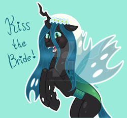 Size: 1920x1786 | Tagged: safe, artist:cherrycandi, queen chrysalis, changeling, changeling queen, canterlot wedding 10th anniversary, a canterlot wedding, g4, bipedal, blushing, deviantart watermark, female, happy, insect wings, obtrusive watermark, open mouth, open smile, raised hooves, signature, simple background, smiling, solo, spread wings, veil, watermark, wings