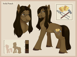 Size: 4025x3000 | Tagged: safe, artist:melodylibris, oc, oc only, oc:solid punch, earth pony, pony, actor, beard, blacksmith, earth pony oc, facial hair, glasses, high res, male, reference sheet, size chart, size comparison, solo, stallion, unshorn fetlocks