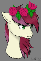 Size: 552x820 | Tagged: safe, artist:lefi32, roseluck, earth pony, pony, g4, bust, colored sketch, female, floral head wreath, flower, gray background, green eyes, leaves, mare, rose, signature, simple background, sketch, smiling, solo