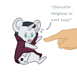 Size: 1024x1024 | Tagged: safe, artist:decokenite, chancellor neighsay, human, pony, unicorn, g4, angry, angry horse noises, base used, boop, caption, chibi, hand, horse noises, male, non-consensual booping, simple background, small, small pony, smol, stallion, text, white background