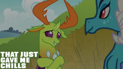 Size: 1280x720 | Tagged: safe, edit, edited screencap, editor:quoterific, screencap, princess ember, thorax, changedling, changeling, dragon, g4, season 7, triple threat, dragoness, duo, duo male and female, female, grin, king thorax, looking at each other, looking at someone, male, smiling, smiling at each other, text