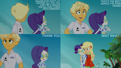 Size: 1280x720 | Tagged: safe, edit, edited screencap, editor:quoterific, screencap, applejack, ragamuffin (g4), rarity, human, equestria girls, equestria girls specials, g4, my little pony equestria girls: better together, my little pony equestria girls: spring breakdown, bare shoulders, eyes closed, female, geode of shielding, geode of super strength, magical geodes, male, open mouth, open smile, sleeveless, smiling, text, trio