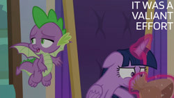 Size: 1280x720 | Tagged: safe, edit, edited screencap, editor:quoterific, screencap, spike, twilight sparkle, alicorn, dragon, pony, g4, season 9, the beginning of the end, bag, duo, female, floppy ears, flying, magic, male, mare, open mouth, paper bag, school of friendship, spread wings, telekinesis, text, twilight sparkle (alicorn), twilighting, winged spike, wings